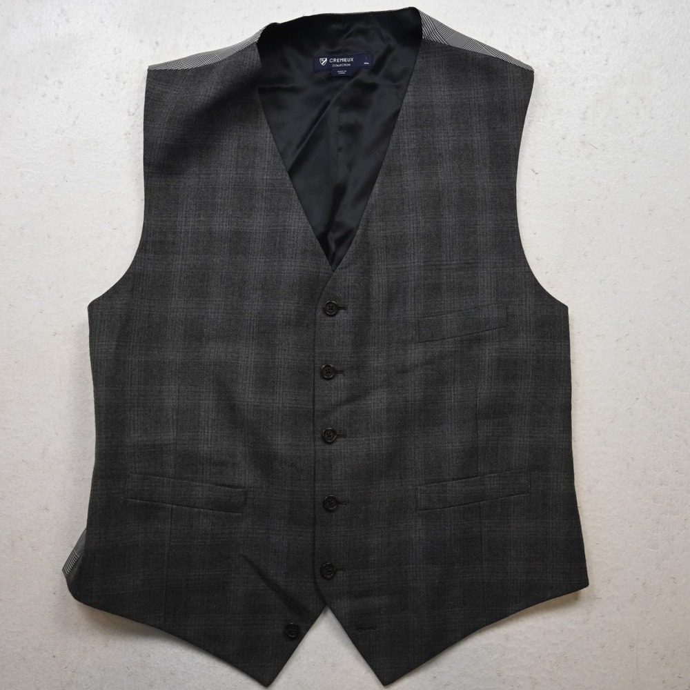 Cremeiux Large Mens‎ Gray Check Plaid 100% Wool Suiting Wedding Vest Waistcoat